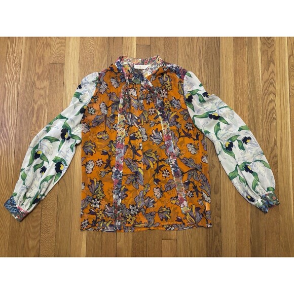 Tory Burch Kia Tie Neck Silk Blouse Orange Long Sleeve Multi Floral Size 6 - Picture 2 of 14